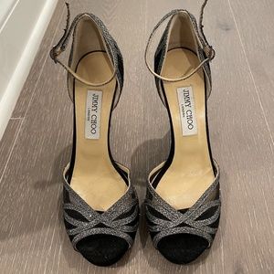 Jimmy Choo Black and Metallic Peep Toe Heels